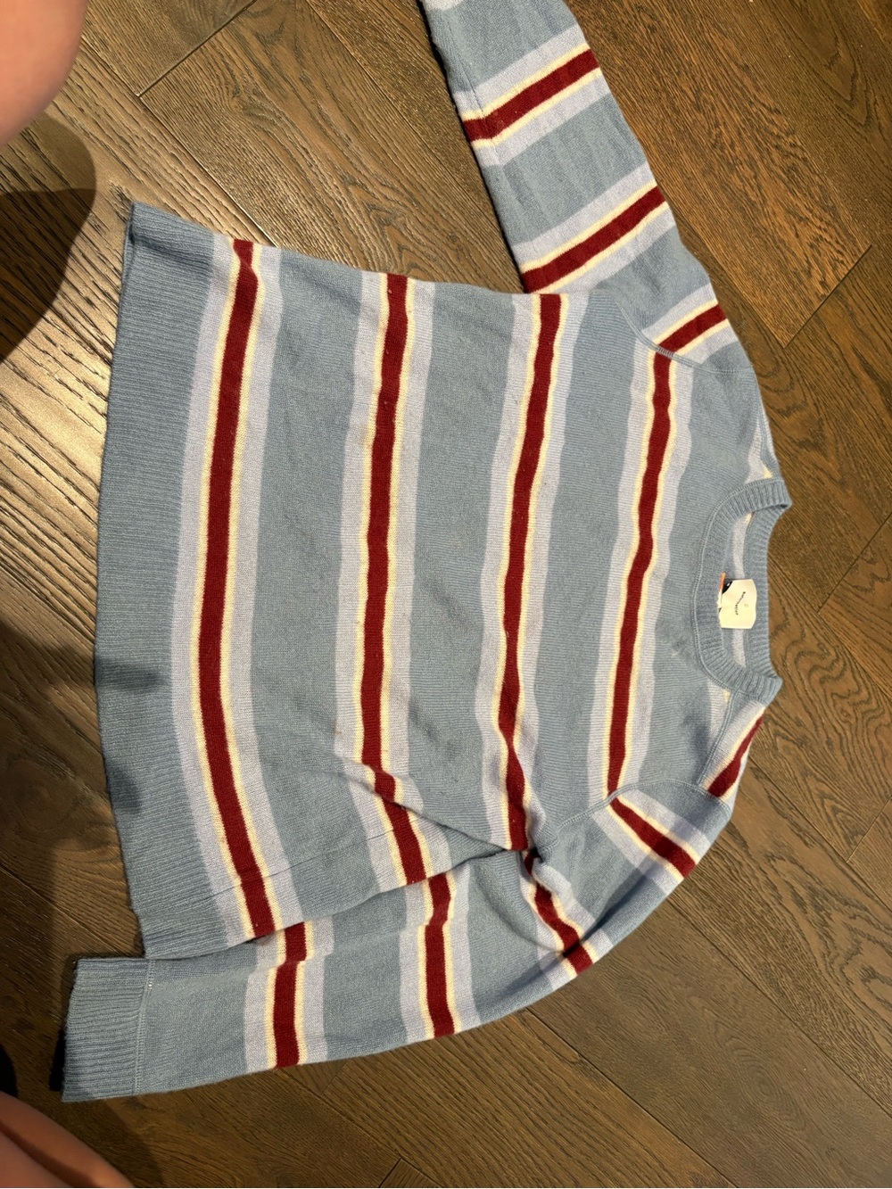 Reformation Light Blue Crewneck Sweater with Red and White Stripes